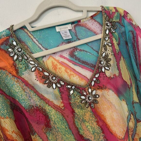 Chico’s Semi-sheer Colorful Kaftan, Coverup, Tunic Top L/XL - Picture 2 of 6